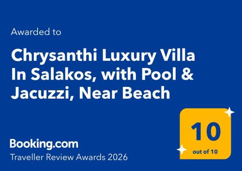 Chrysanthi Luxury Villa In Salakos, with Pool & Jacuzzi, Near Beach in Sálakos